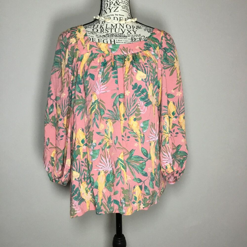 Pink parrot pattern square neck top gauzy summer vacation Resortwear cruise S